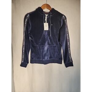 Tommy Hilfiger Women's Blue Velour Hoodie Logo Striped Sleeve XS New With Tags